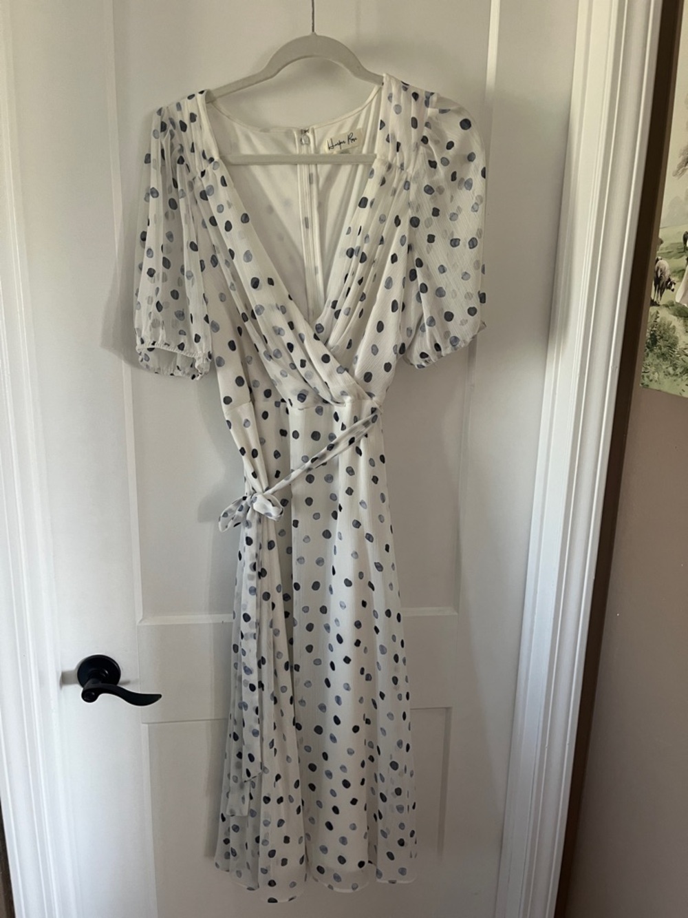 Polka Dot Wrap Midi Dress in White and Navy